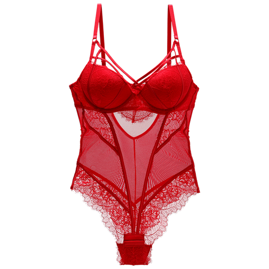 Bodysuit Women Push Up Red Strappy Cup Eyelash Lace Floral Pattern Padded Underwire Lingerie Women Shapewear High Quality